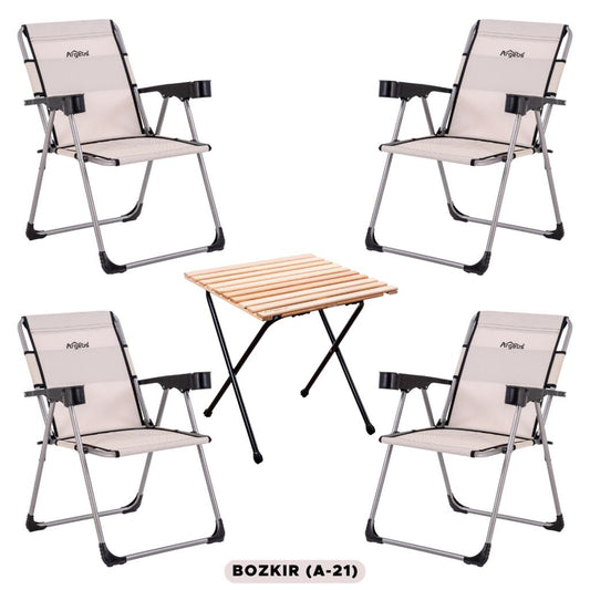 4 Adet Katlanır Kamp Sandalyesi ve Masa Seti - Rock - Bozkır - Bardaklıklı - 140 KG
