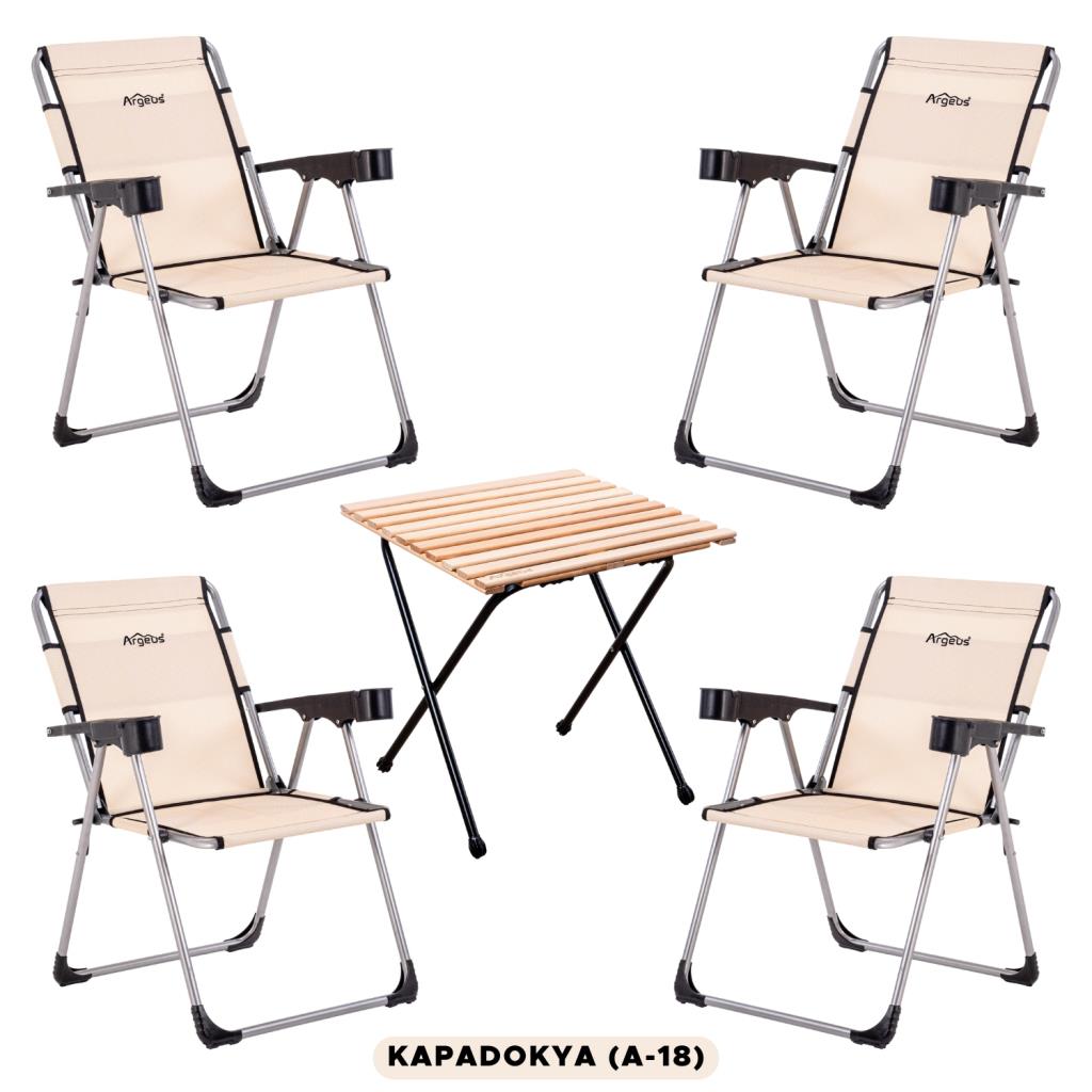 4 Adet Katlanır Kamp Sandalyesi ve Masa Seti - Rock - Kapadokya - Bardaklıklı - 140 KG