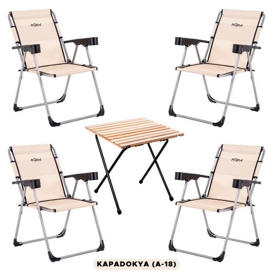 4 Adet Katlanır Kamp Sandalyesi ve Masa Seti - Rock - Kapadokya - Bardaklıklı - 140 KG