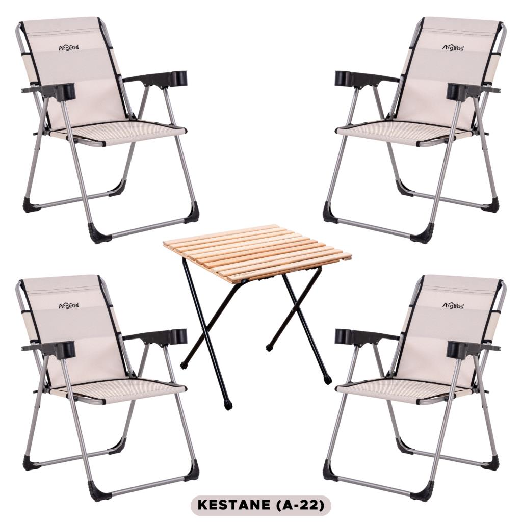 4 Adet Katlanır Kamp Sandalyesi ve Masa Seti - Rock - Kestane - Bardaklıklı - 140 KG