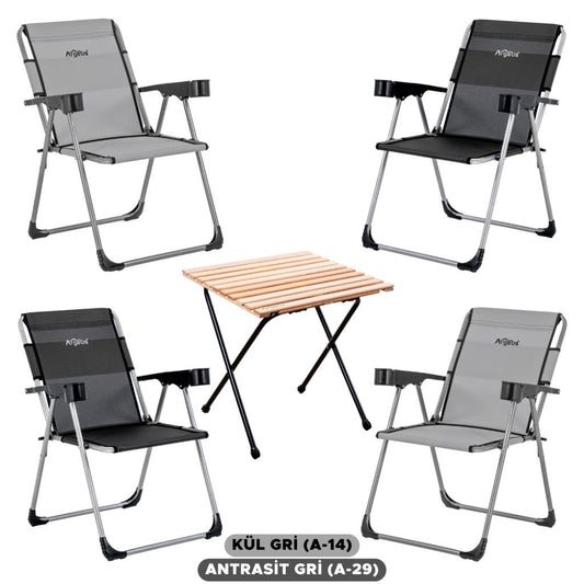 4 Adet Katlanır Kamp Sandalyesi ve Masa Seti - Rock - Kül Gri / Antrasit - Bardaklıklı - 140 KG