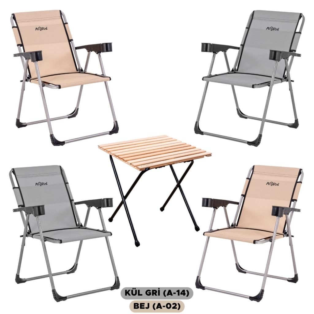 4 Adet Katlanır Kamp Sandalyesi ve Masa Seti - Rock - Kül Gri / Bej - Bardaklıklı - 140 KG