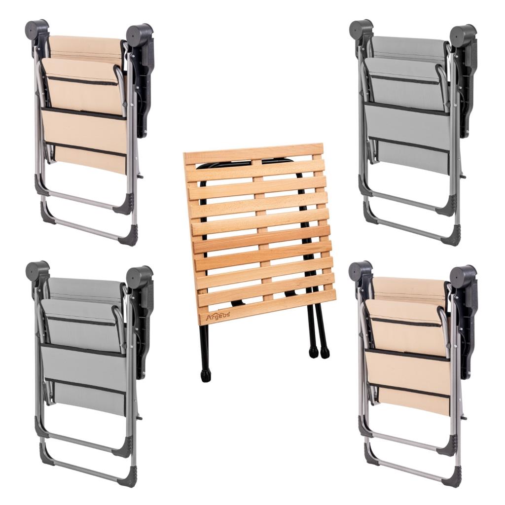 4 Adet Katlanır Kamp Sandalyesi ve Masa Seti - Rock - Kül Gri / Bej - Bardaklıklı - 140 KG