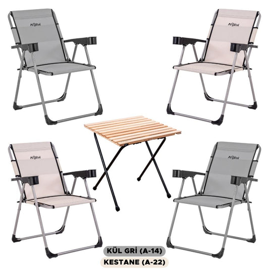 4 Adet Katlanır Kamp Sandalyesi ve Masa Seti - Rock - Kül Gri / Kestane - Bardaklıklı - 140 KG