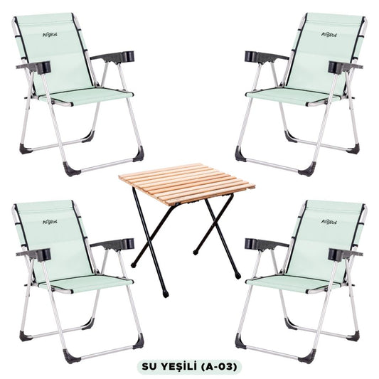 4 Adet Katlanır Kamp Sandalyesi ve Masa Seti - Rock - Su Yeşili - Bardaklıklı - 140 KG