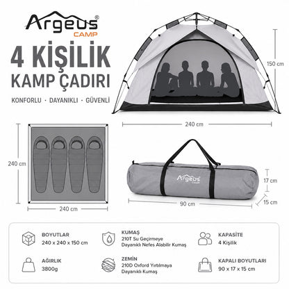 4 Kişilik Otomatik Kurulum Kamp Çadırı - 240x240x150cm - Argeus Infinity