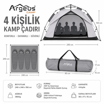 4 Kişilik Otomatik Kurulum Kamp Çadırı - 240x240x150cm - Argeus Infinity