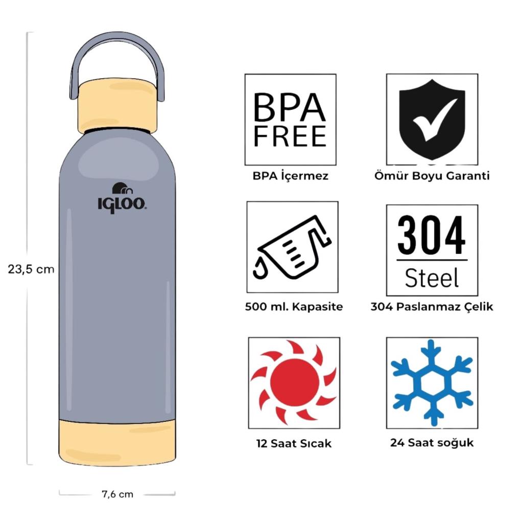 Çelik Pro Termos - Igloo - Hydrate - 500ml - Gri - 205694