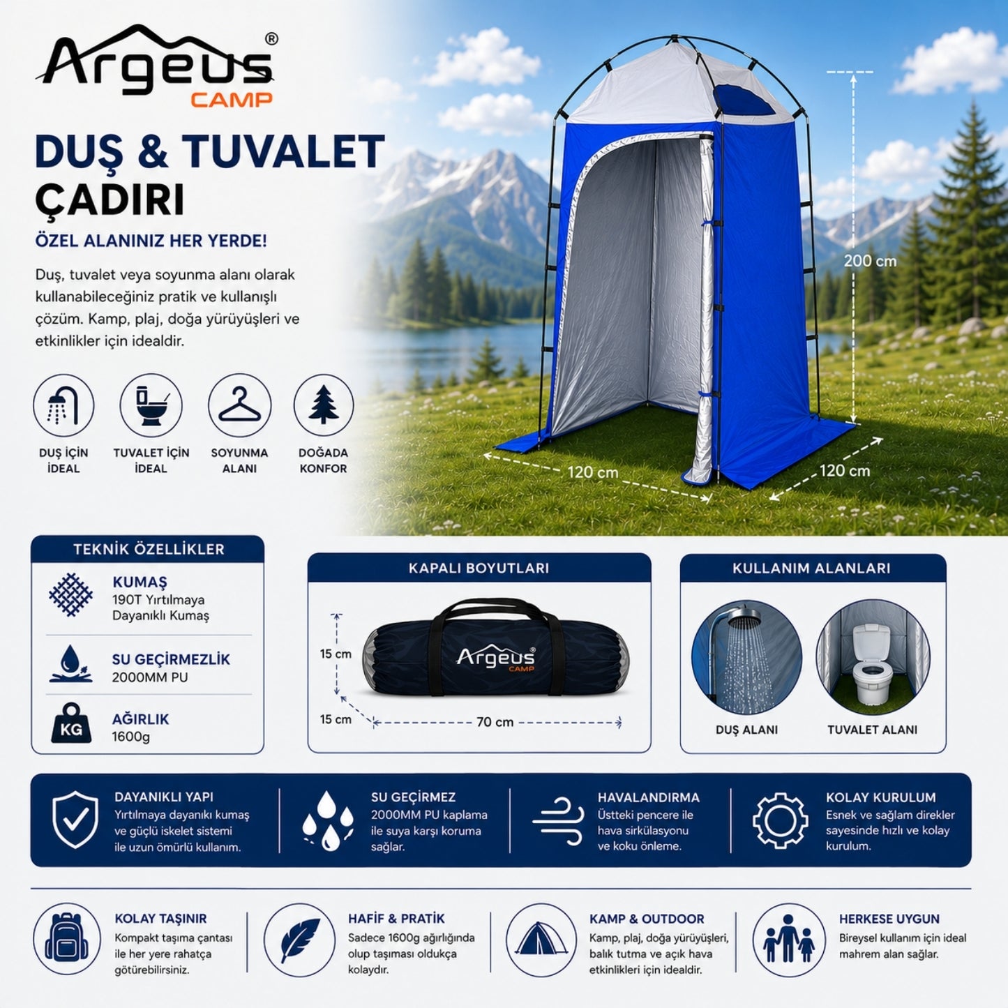Duş Tuvalet Giyinme Plaj Giyinme Çadırı - Kamp Duş WC Kabini - Argeus Easy Cabin