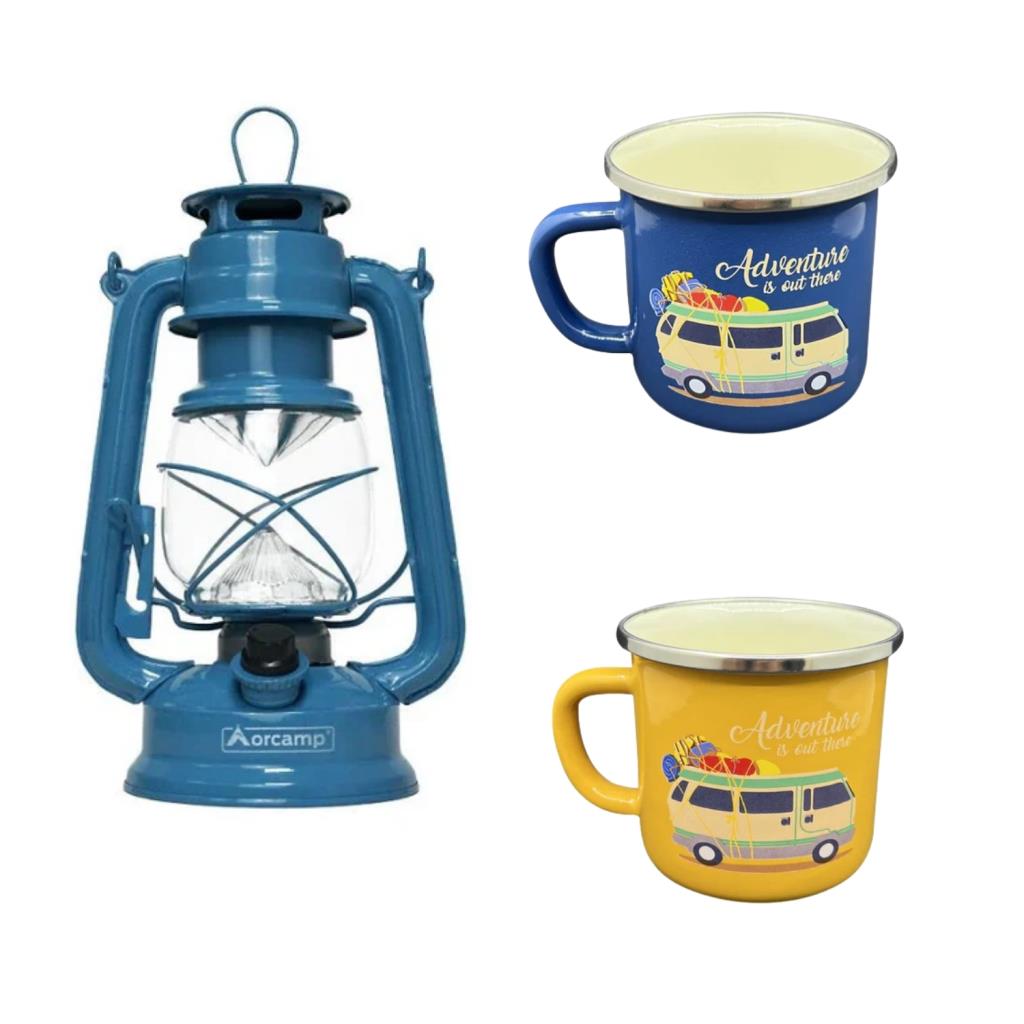 Evde Kamp Keyfi Hediye Seti - Retro Fener ve Emaye Bardaklar (3 Parça)