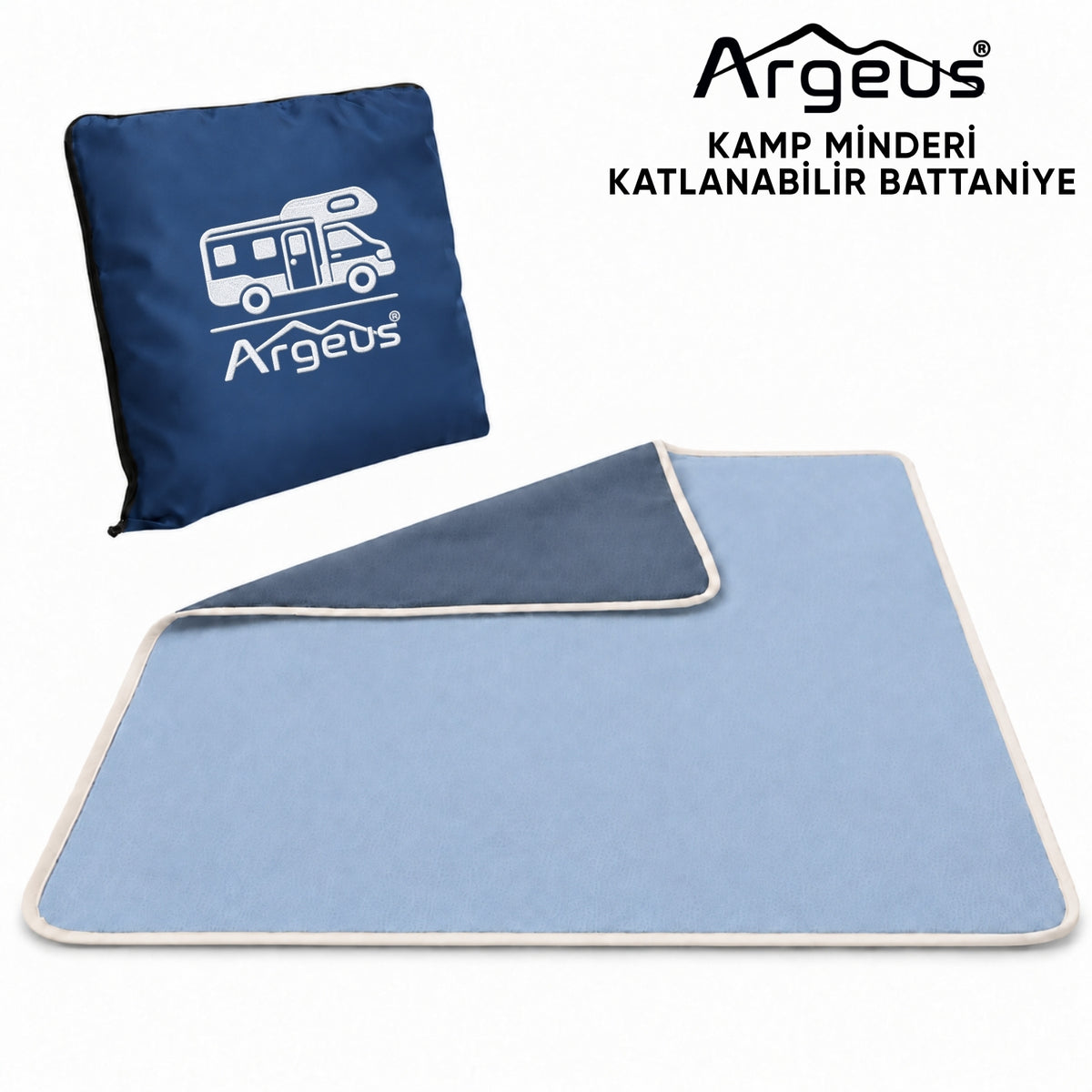 Kamp Minderi & Katlanabilir Kamp Battaniyesi - Argeus - Karavan Nakışlı - Mavi