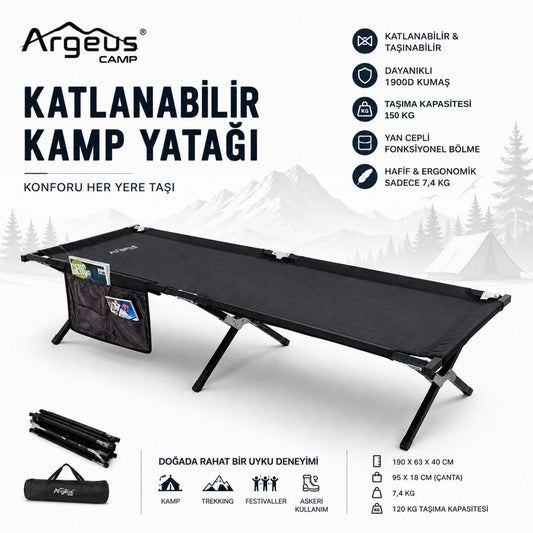 Katlanır Kamp Yatağı Kampet - Taşıma Çantalı - 150KG Taşıma - Siyah