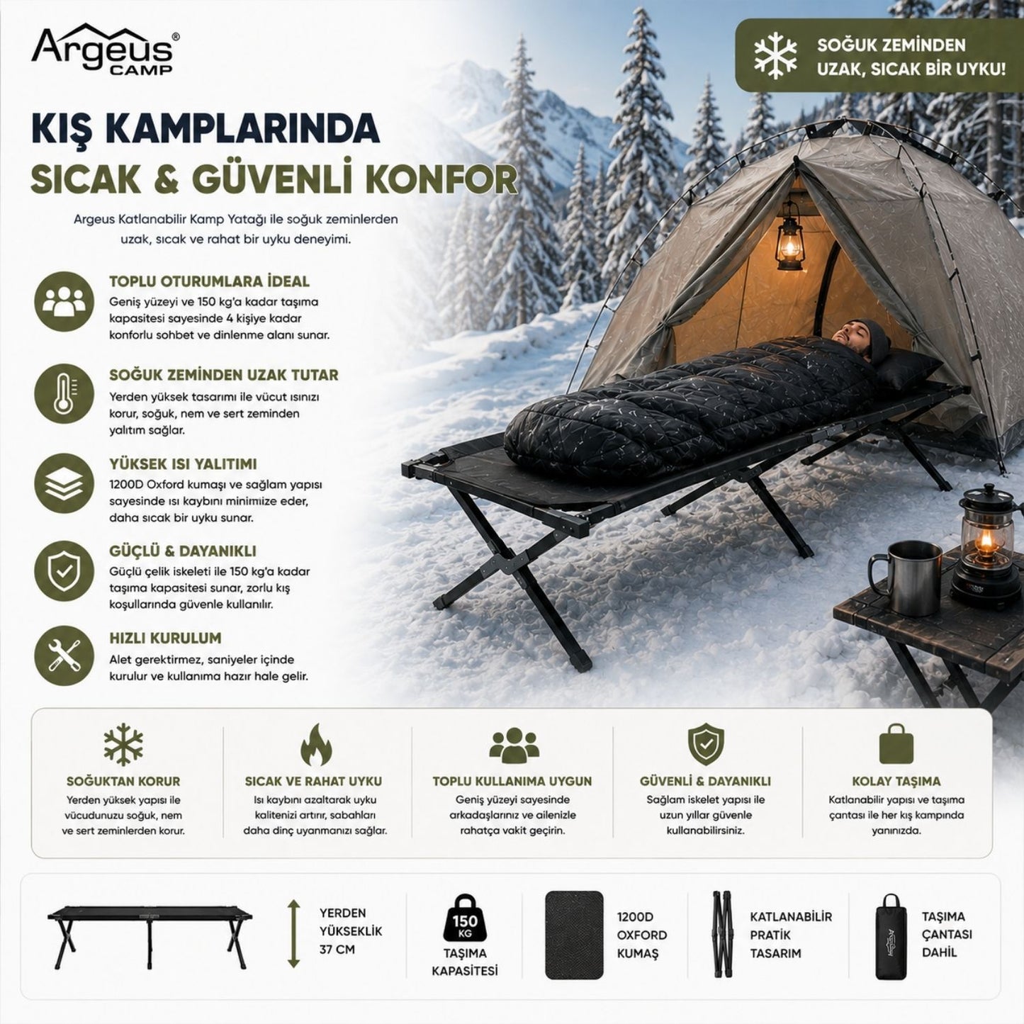 Katlanır Kamp Yatağı Kampet - Taşıma Çantalı - 150KG Taşıma - Siyah