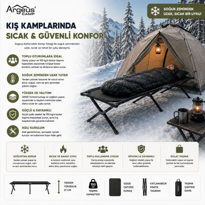 Katlanır Kamp Yatağı Kampet - Taşıma Çantalı - 150KG Taşıma - Siyah