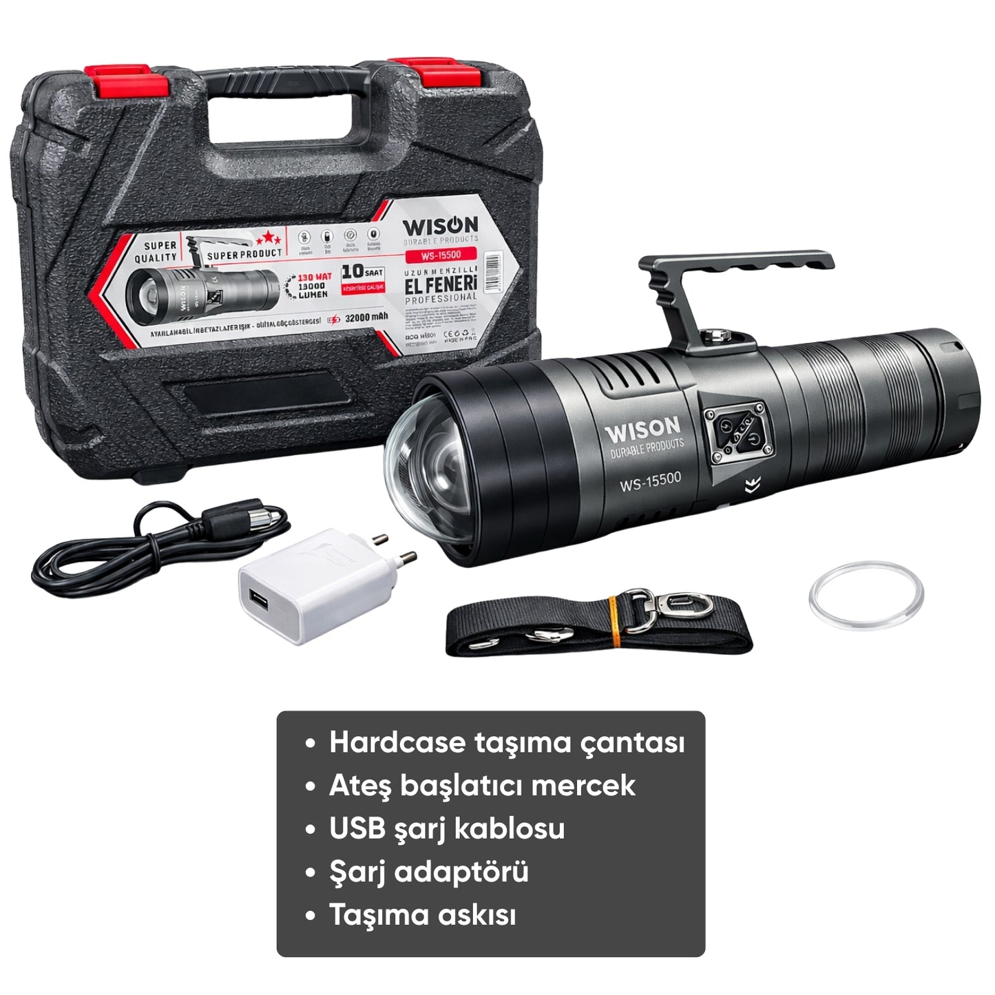 Şarj Edilebilir El Feneri - Wison - 13000 Lümen - 130 Watt (WS-15500)
