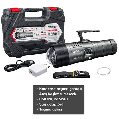 Şarj Edilebilir El Feneri - Wison - 13000 Lümen - 130 Watt (WS-15500)