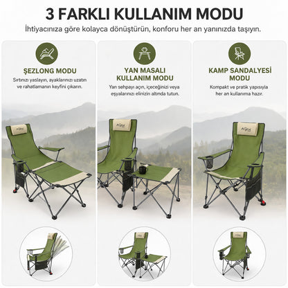 Sırt Ayarlı Katlanabilir Kamp Sandalyesi - 4 Kademeli - Lounge - Haki/Kum
