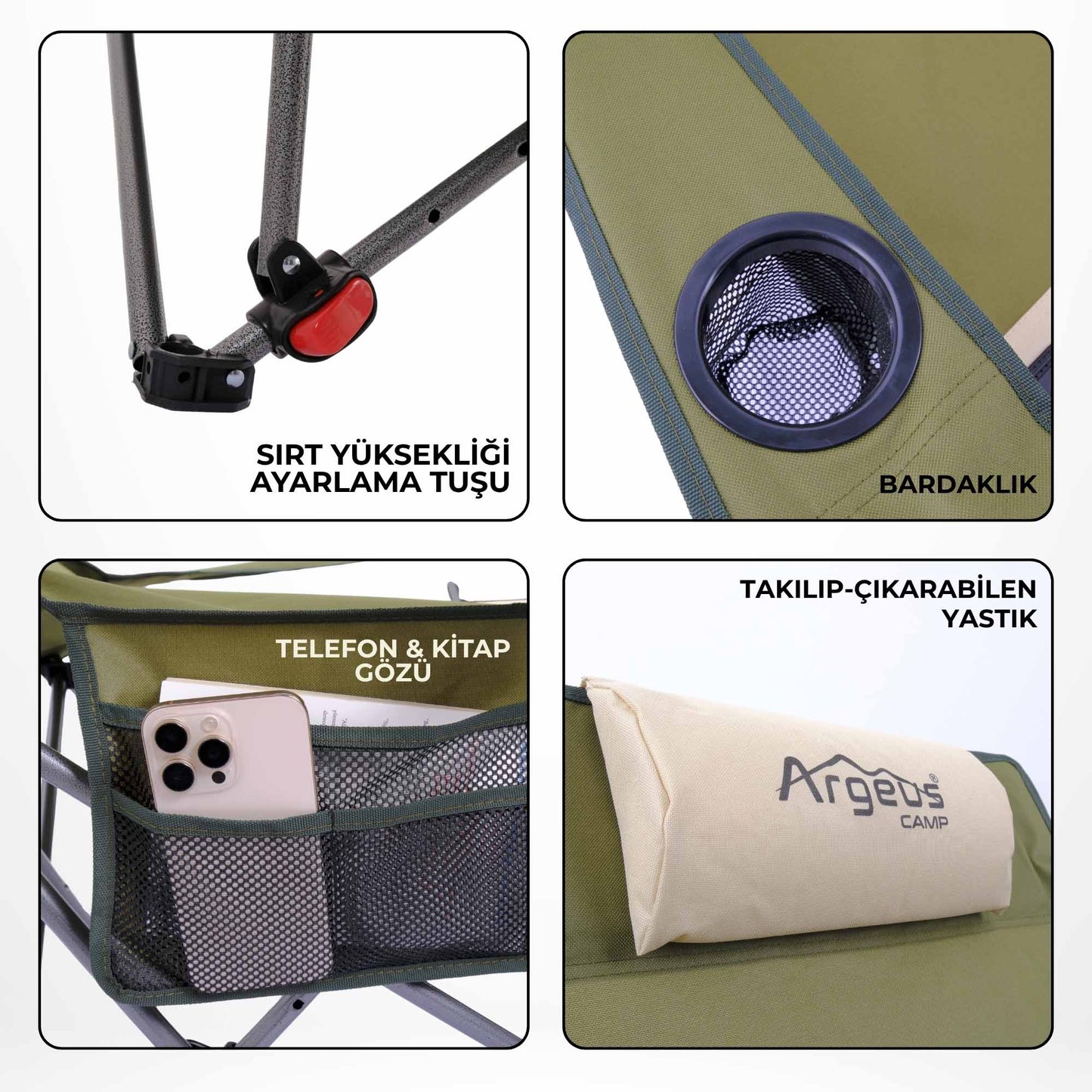Sırt Ayarlı Katlanabilir Kamp Sandalyesi - 4 Kademeli - Lounge - Haki/Kum